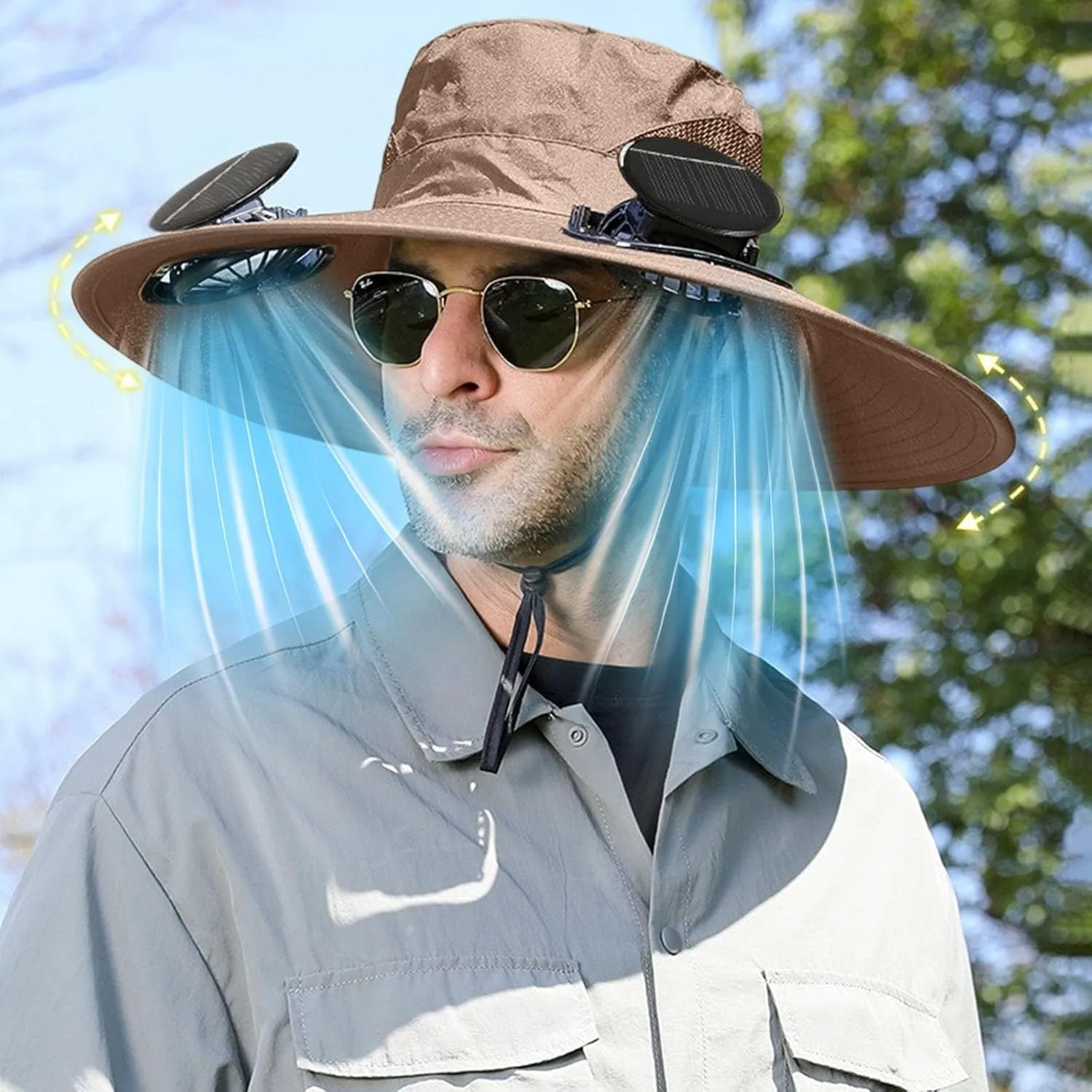 Outdoor Wide Brim Sun Hat with 2 Solar Fan Sun Bucket Hat for Men Women UPF 50  Bucket Fishing & Beach Hat with Fan Built in