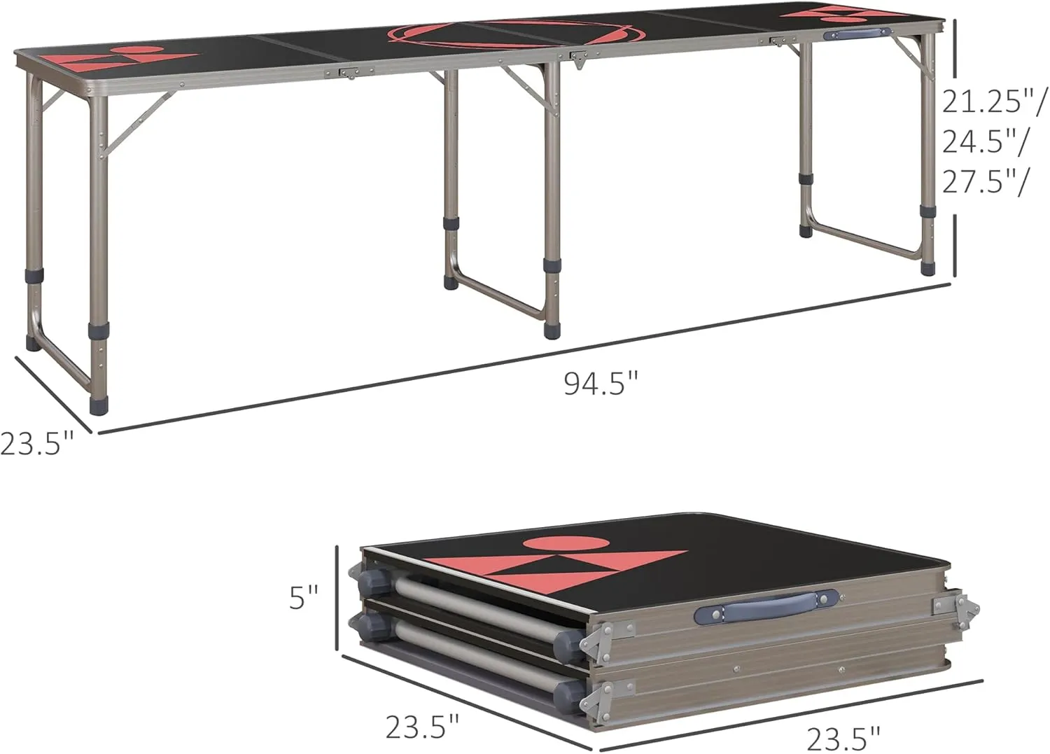 Outsunny 8ft Portable Beer Pong Table with Adjustable Legs, Folding Camping Table, Aluminum Picnic Table, for Party, Travel, BBQ, Beach, Black and Red