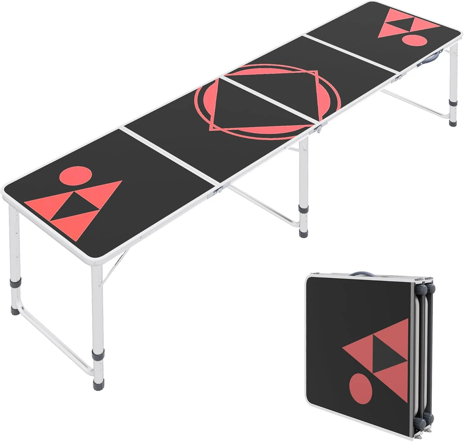 Outsunny 8ft Portable Beer Pong Table with Adjustable Legs, Folding Camping Table, Aluminum Picnic Table, for Party, Travel, BBQ, Beach, Black and Red