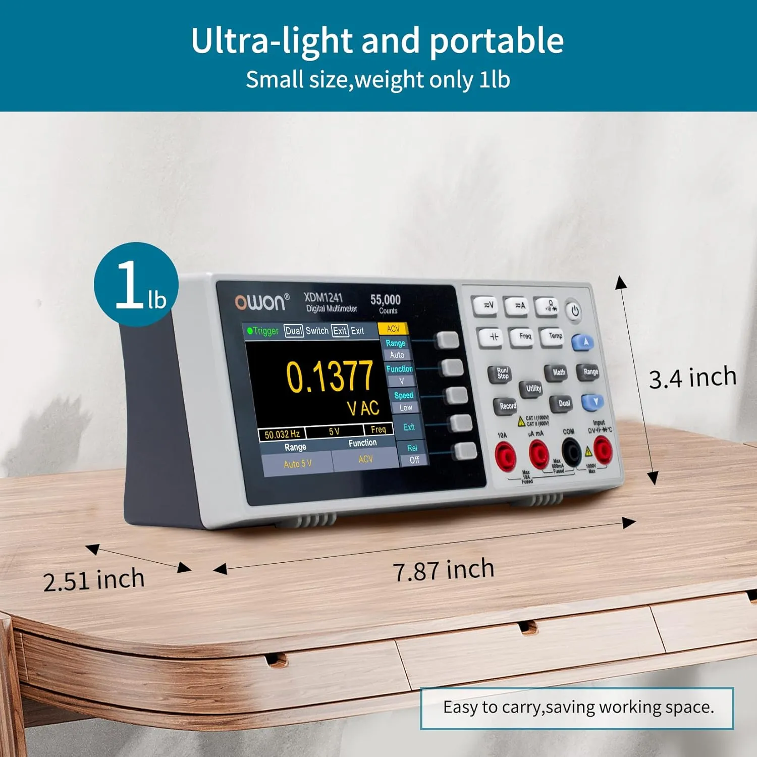 OWON XDM1241 Portable Digital Multimeter,3.5in Desktop Digital Multimeters, 55000 Counts LCD True RMS Temperature Tester Meter for Instruments and Laboratories, Factories
