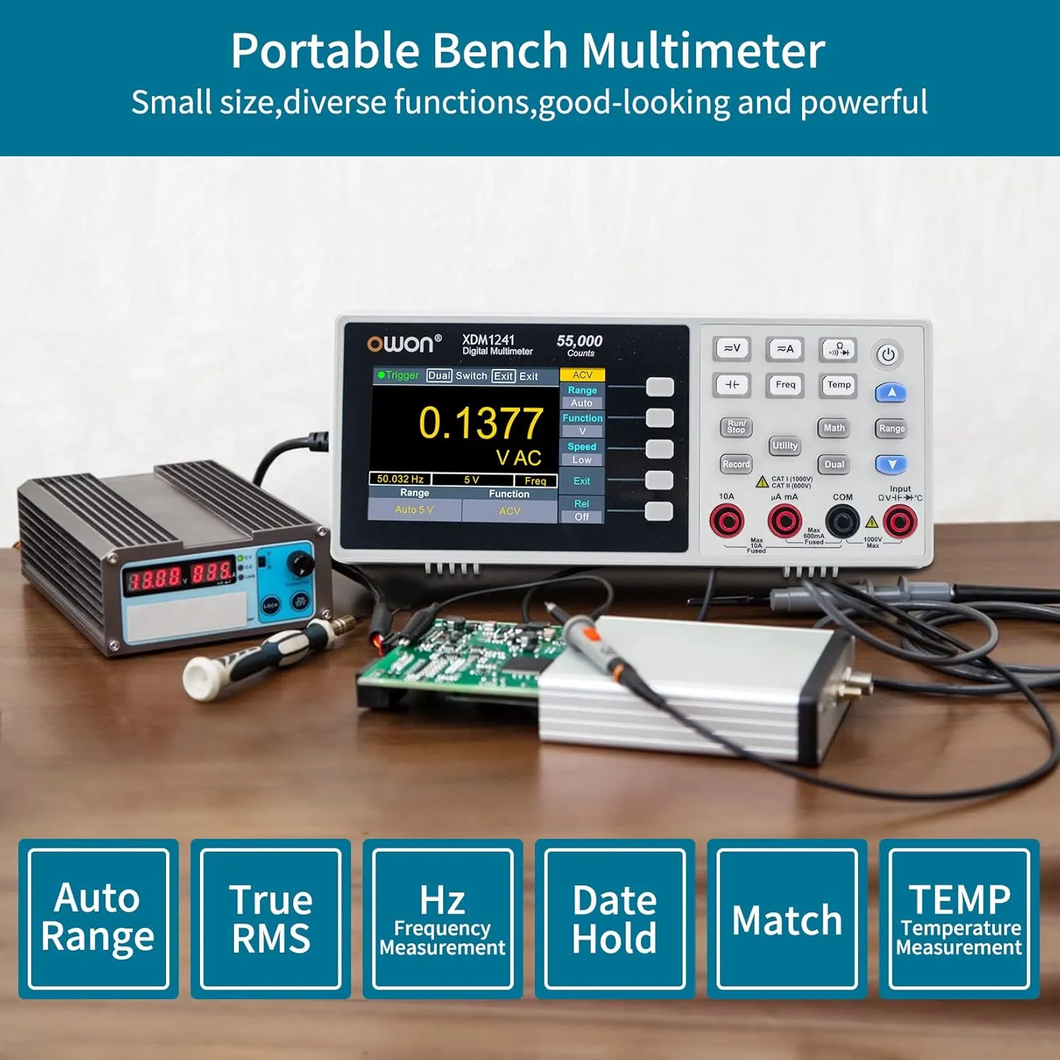 OWON XDM1241 Portable Digital Multimeter,3.5in Desktop Digital Multimeters, 55000 Counts LCD True RMS Temperature Tester Meter for Instruments and Laboratories, Factories