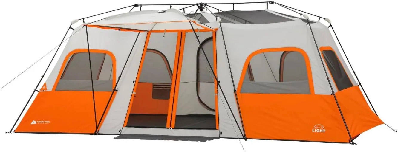 Ozark Outdoor Trail 12 Person Easy Set Up Cabin Tent with Integrated LED Lights, 3 Rooms
