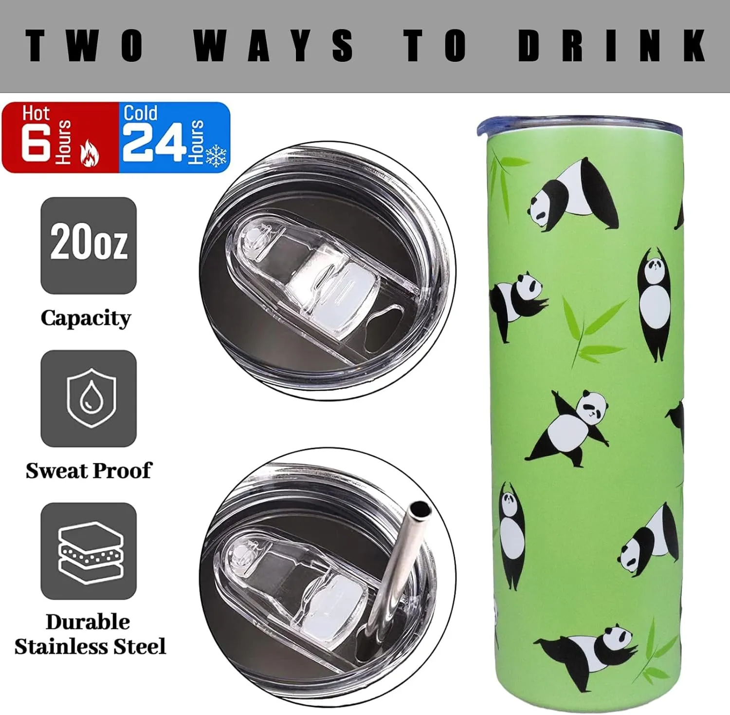 Panda Tumbler Panda Gifts for Women 20 oz Insulated Tumbler With Lid and Straw Stainless Steel Skinny Tumbler Water Bottle Travel Mug Wine Cups