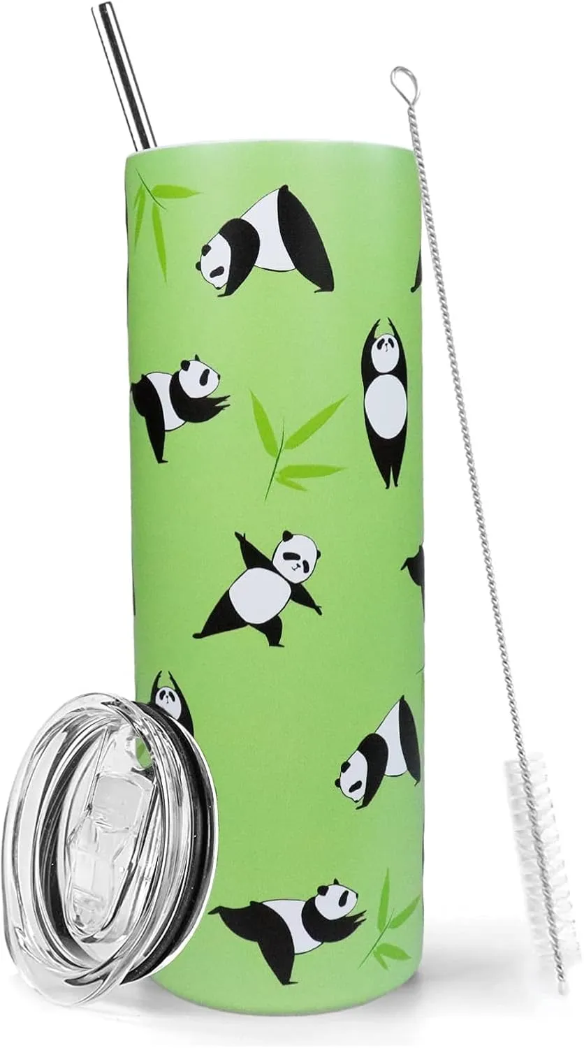 Panda Tumbler Panda Gifts for Women 20 oz Insulated Tumbler With Lid and Straw Stainless Steel Skinny Tumbler Water Bottle Travel Mug Wine Cups