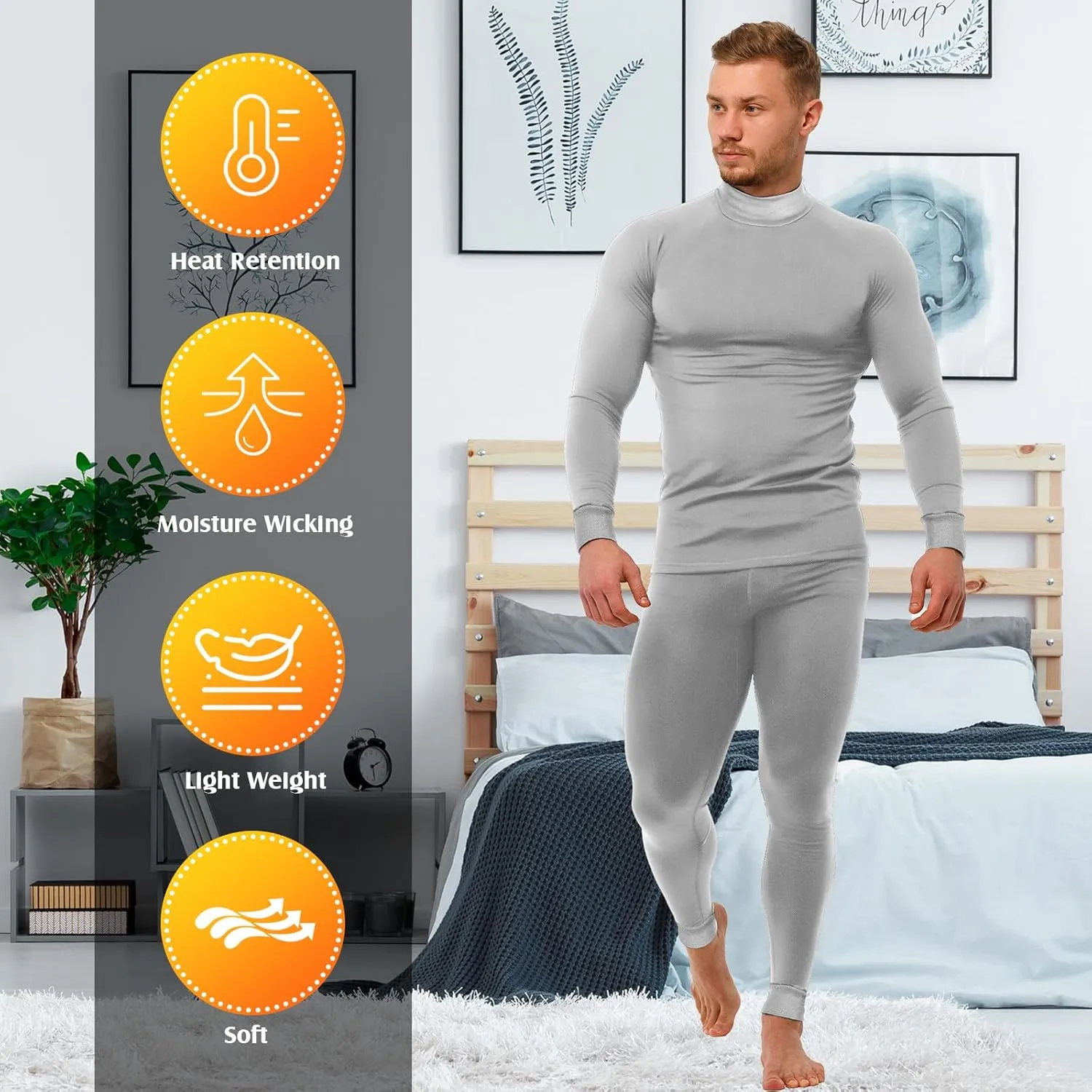 Patelai 3 Sets Thermal Underwear for Men Soft Fleece Lined Long Sleeve Base Layer Set Top Bottom for Cold Weather