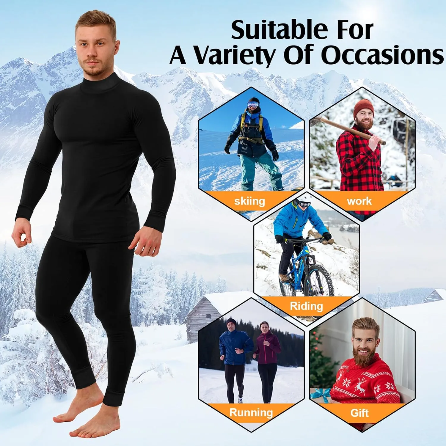 Patelai 3 Sets Thermal Underwear for Men Soft Fleece Lined Long Sleeve Base Layer Set Top Bottom for Cold Weather