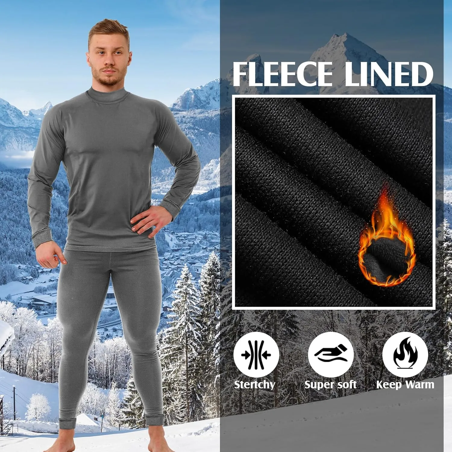 Patelai 3 Sets Thermal Underwear for Men Soft Fleece Lined Long Sleeve Base Layer Set Top Bottom for Cold Weather