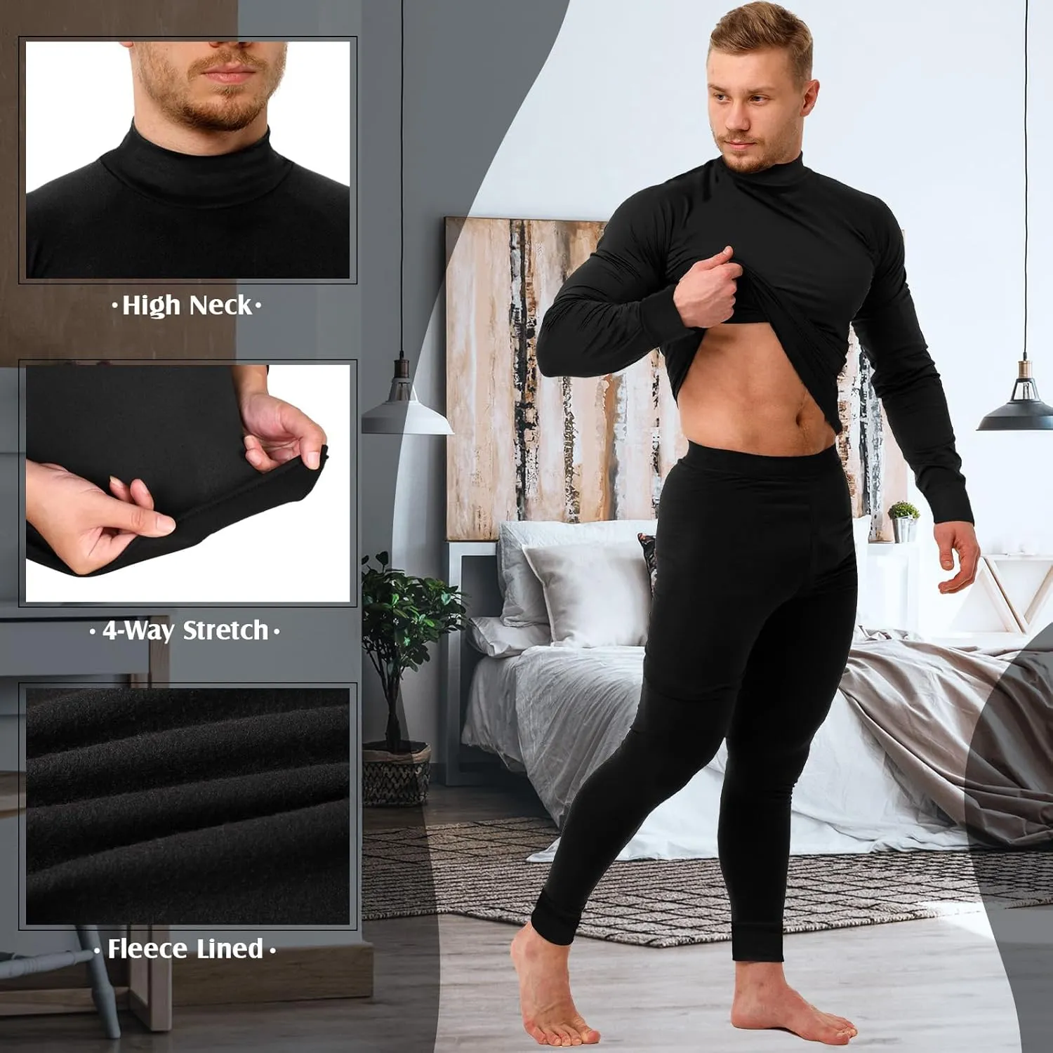 Patelai 3 Sets Thermal Underwear for Men Soft Fleece Lined Long Sleeve Base Layer Set Top Bottom for Cold Weather