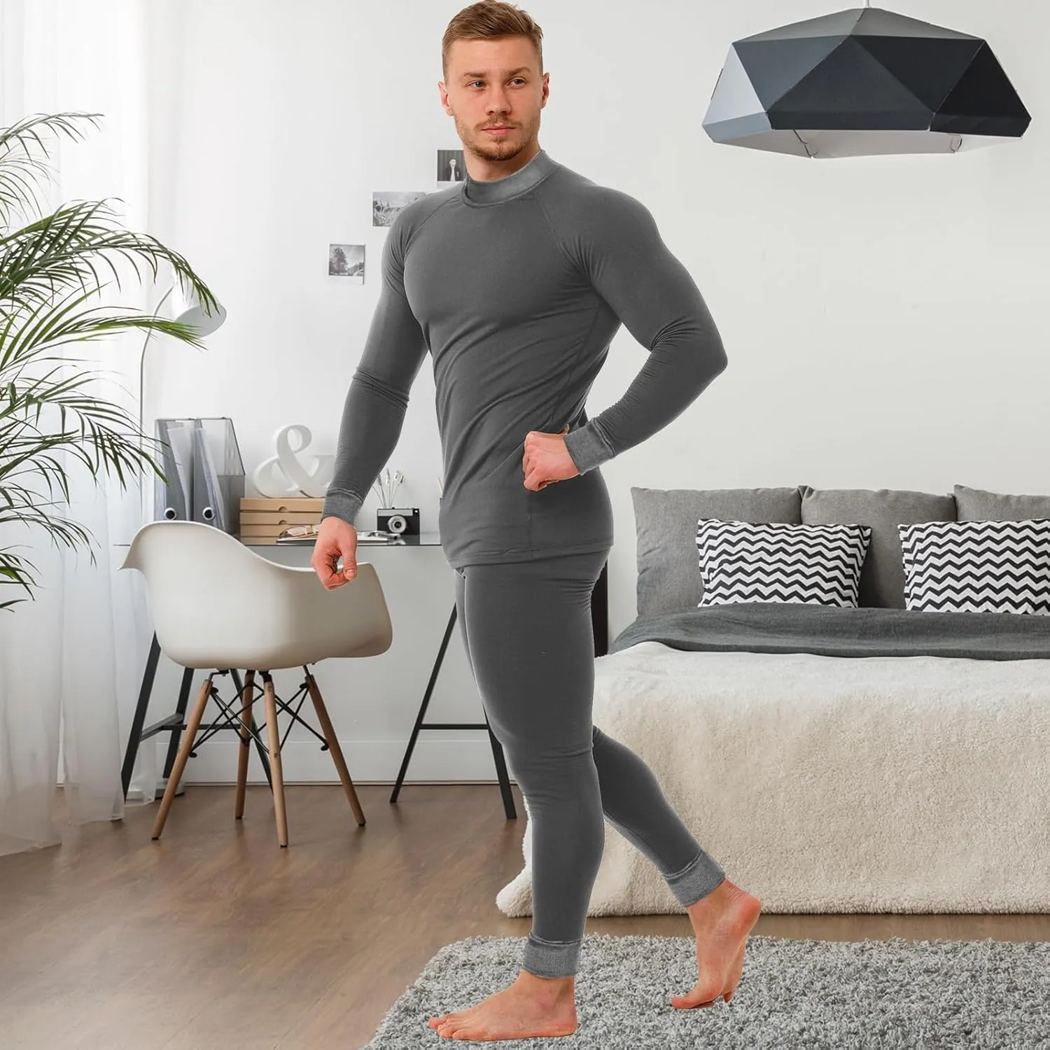 Patelai 3 Sets Thermal Underwear for Men Soft Fleece Lined Long Sleeve Base Layer Set Top Bottom for Cold Weather