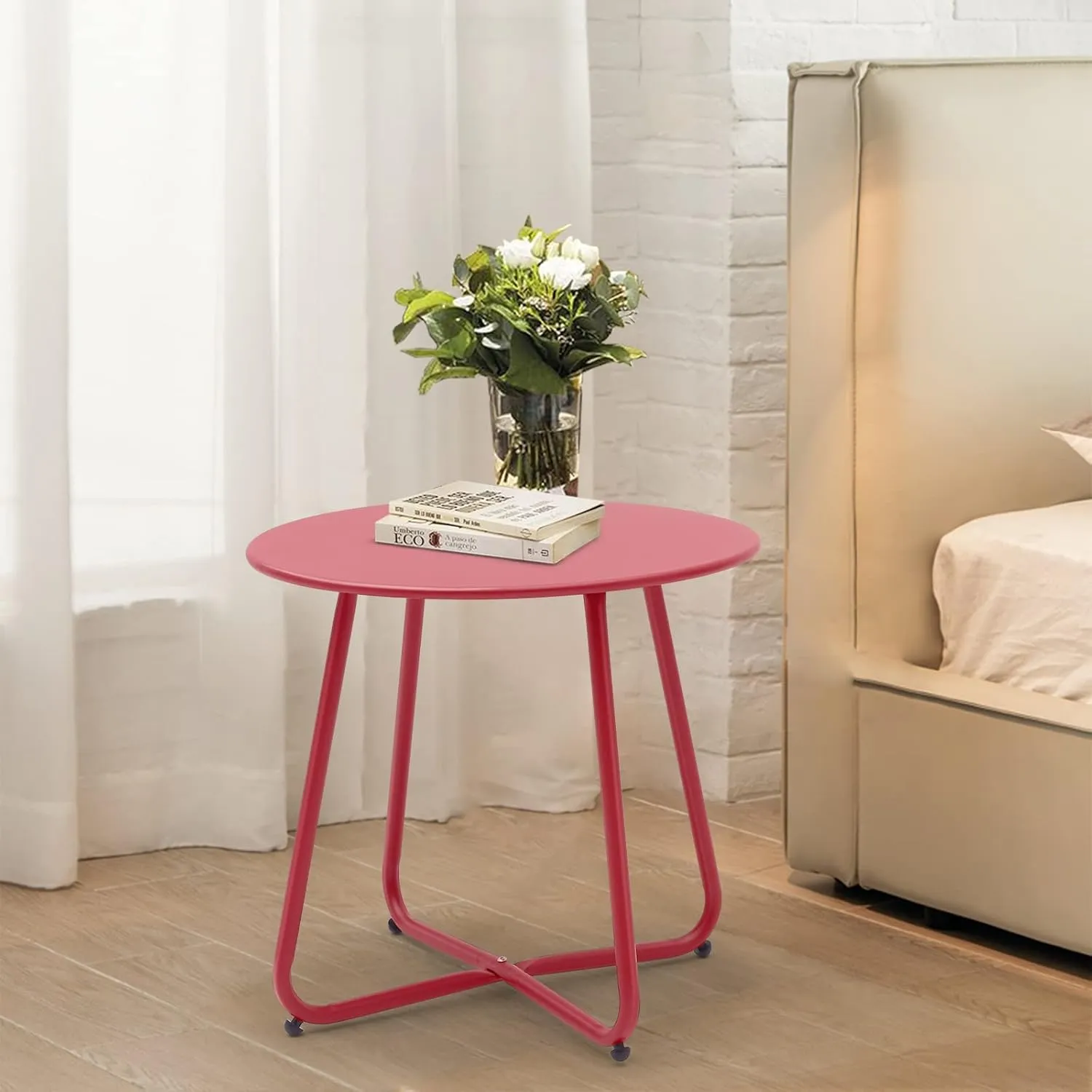 Patio Small Side Table Waterproof Round Metal Steel Weather Resistant Portable Outdoor and Indoor End Table for Garden Balcony Yard, Red