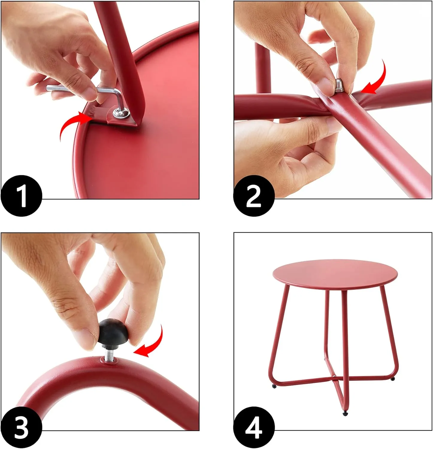 Patio Small Side Table Waterproof Round Metal Steel Weather Resistant Portable Outdoor and Indoor End Table for Garden Balcony Yard, Red