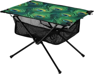 Peacock Feathers Green Portable Folding Camping Table, Compact Lightweight Beach Table with Carrying Bag for Outdoor Picnics, BBQs, Camp
