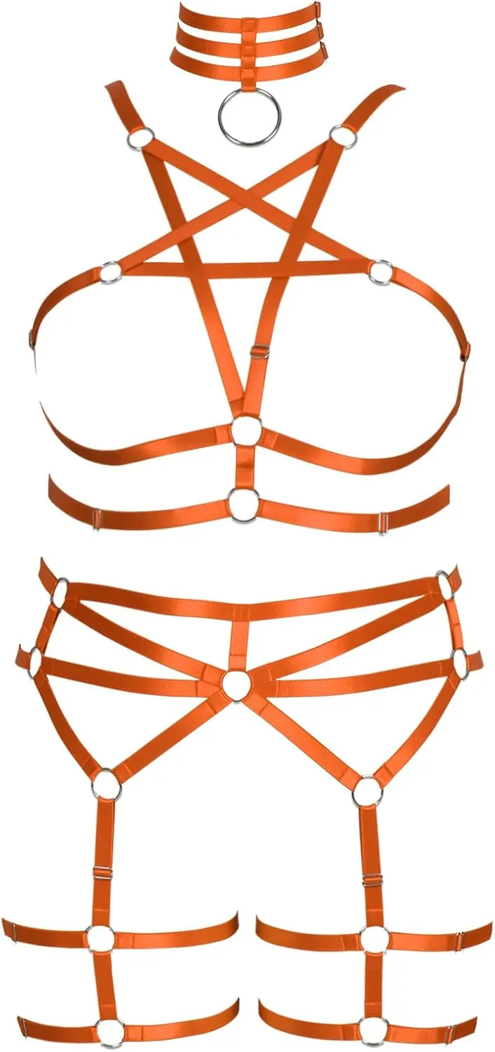 Pentagram Plus Size Women's Body Harness Punk Full Cage Bra Set Hollow Out Adjustable Gothic Dance Festival Rave