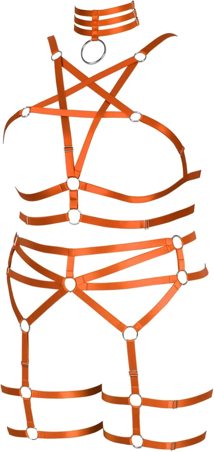 Pentagram Plus Size Women's Body Harness Punk Full Cage Bra Set Hollow Out Adjustable Gothic Dance Festival Rave