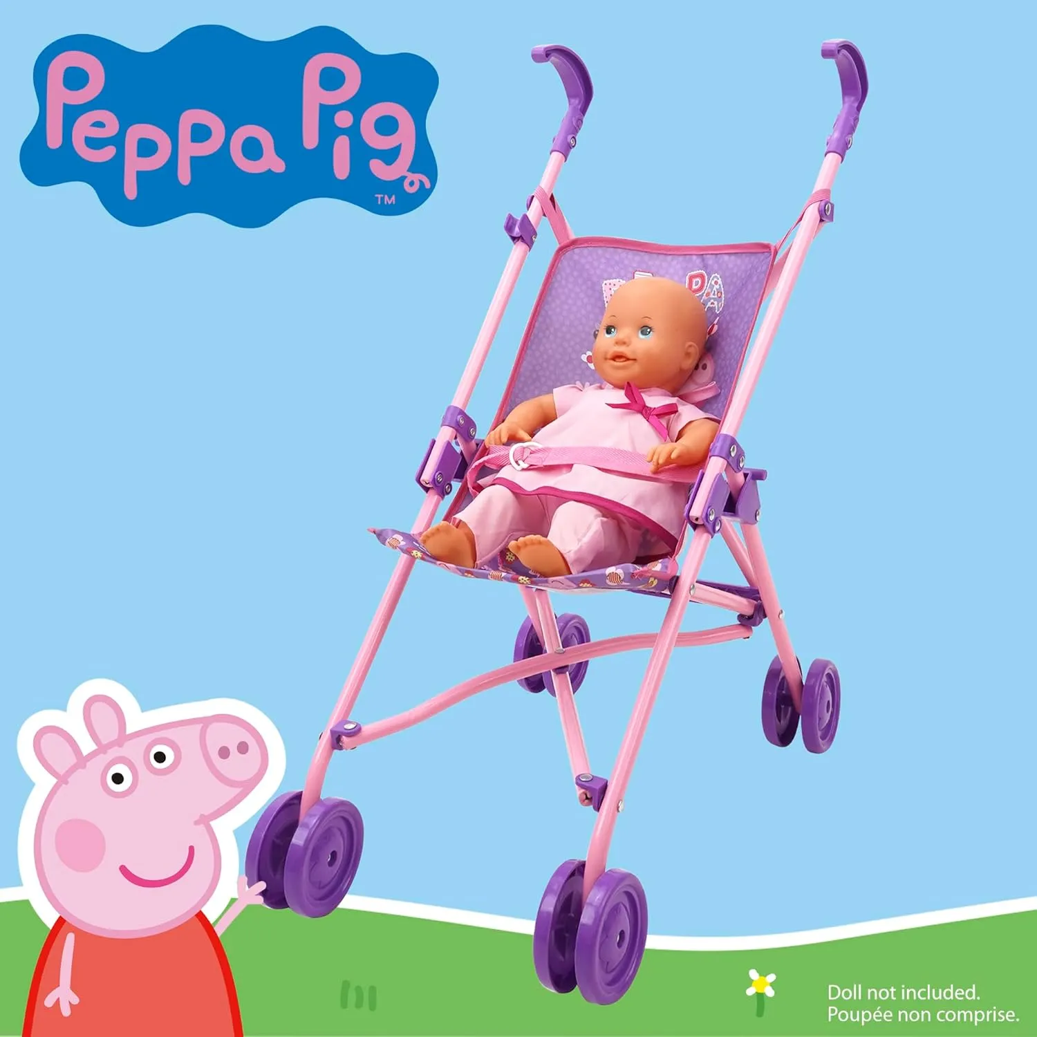 Peppa Pig: Doll Umbrella Stroller - Purple, Pink, Flowers - Accessory for Dolls Up to 24", Foldable Design, Retractable Canopy, Kids Toy, Ages 3 