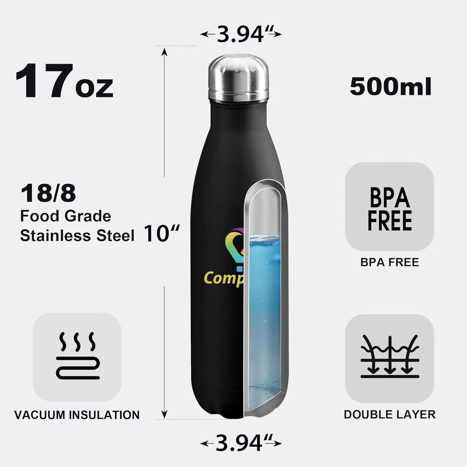 Personalized Custom Water Bottle Print in USA 17oz Stainless Steel Double Wall Leakproof Cups With Colorful Text Logo for Sports Outdoors