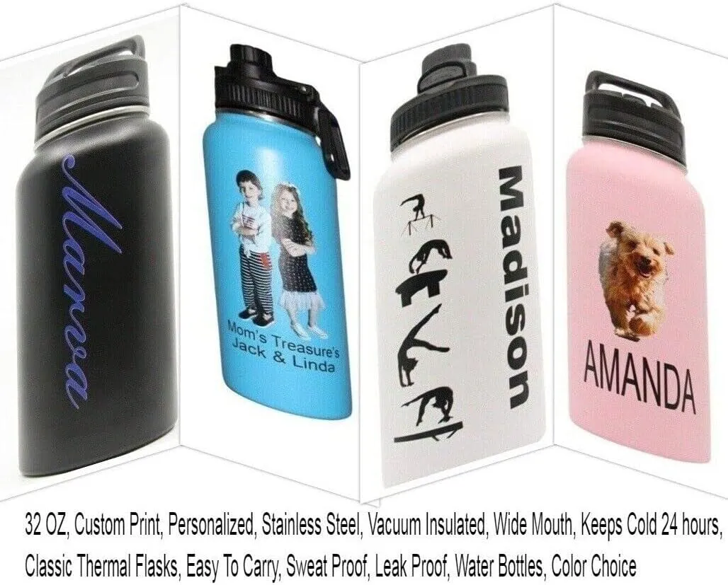 Personalized Insulated Stainless Steel Sports 18/32oz Water Bottle Custom Print Engraved Keeps Cold for 24 Hours Classic Easy To Carry Thermal Flasks Color & Design Choice (18oz Bottle W/Photo)