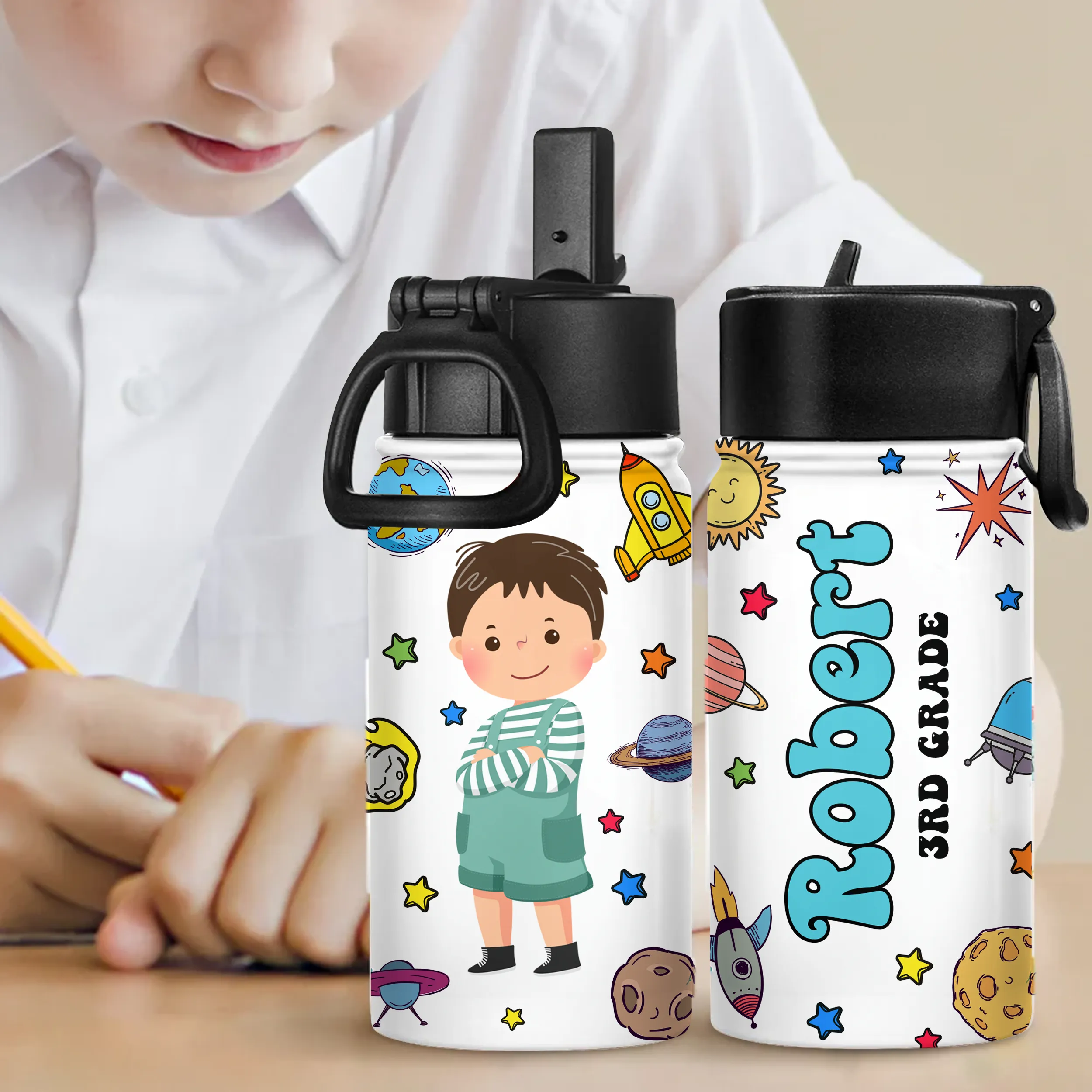 Personalized Name Water Bottle With Straw Lid - Custom Name Kids Bottle - Back To School Gifts for Kids - Drinking Bottle