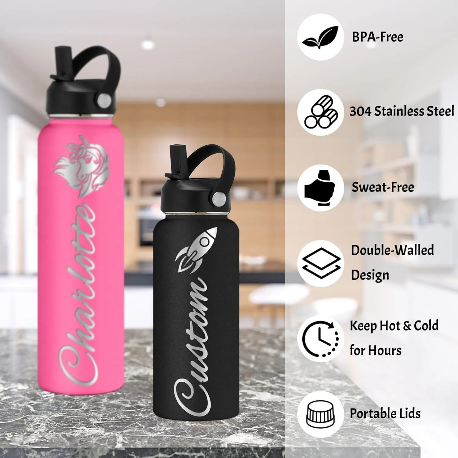 Personalized Water Bottle Custom Insulated Water Bottles with Straw Lid 32oz Customized Engraved Stainless Steel Bottles with Name Logo, Gift for School Sports Outdoor, Navy Blue