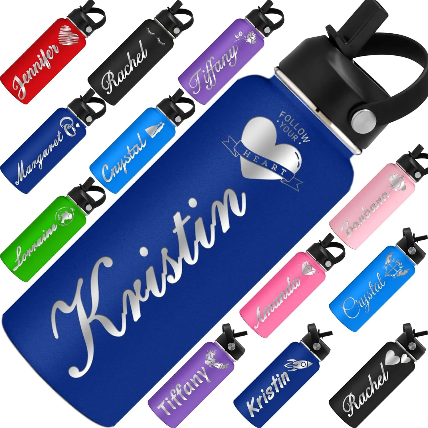 Personalized Water Bottle Custom Insulated Water Bottles with Straw Lid 32oz Customized Engraved Stainless Steel Bottles with Name Logo, Gift for School Sports Outdoor, Navy Blue