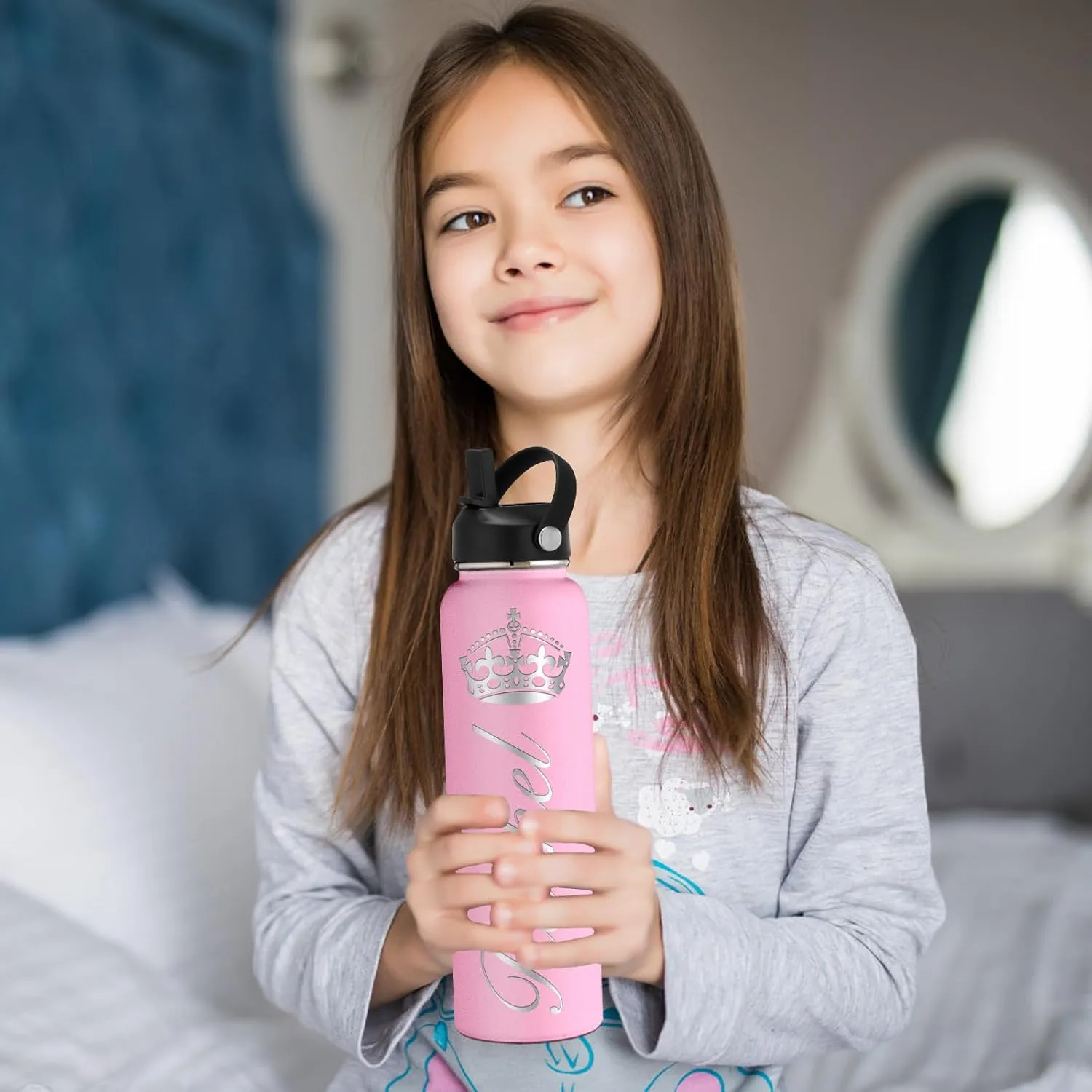 Personalized Water Bottle Custom Insulated Water Bottles with Straw Lid 32oz Customized Engraved Stainless Steel Bottles with Name Logo, Gift for School Sports Outdoor, Pink