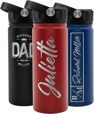 Personalized Water Bottle w Straw Lid Double Wall Insulated | 18 oz - 12 Font - Red | 9 Color Custom Water Bottle w Name and Text, BPA Free - Non Sweat - Vacuum Insulated