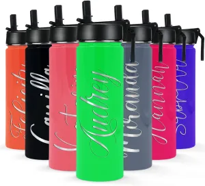 Personalized Water Bottle with Straw Lid on Neon Green Gloss for Gym Engraved Custom Women Name 24 oz Modern Insulated Stainless Steel