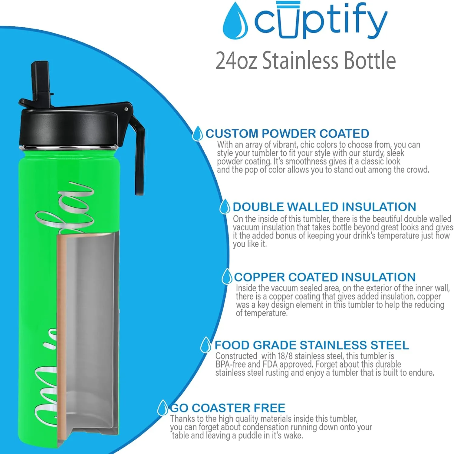 Personalized Water Bottle with Straw Lid on Neon Green Gloss for Gym Engraved Custom Women Name 24 oz Modern Insulated Stainless Steel