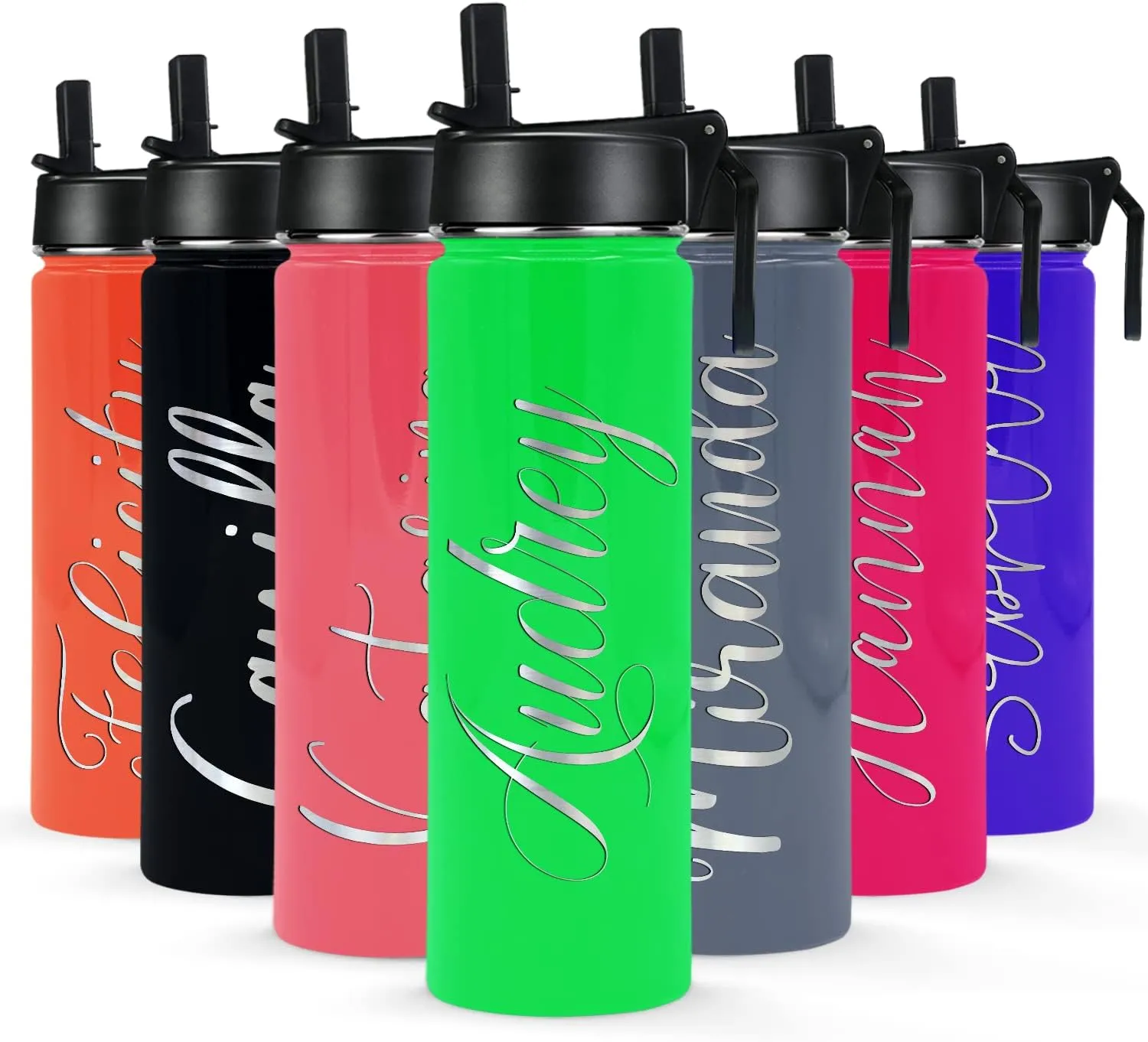 Personalized Water Bottle with Straw Lid on Neon Green Gloss for Gym Engraved Custom Women Name 24 oz Modern Insulated Stainless Steel