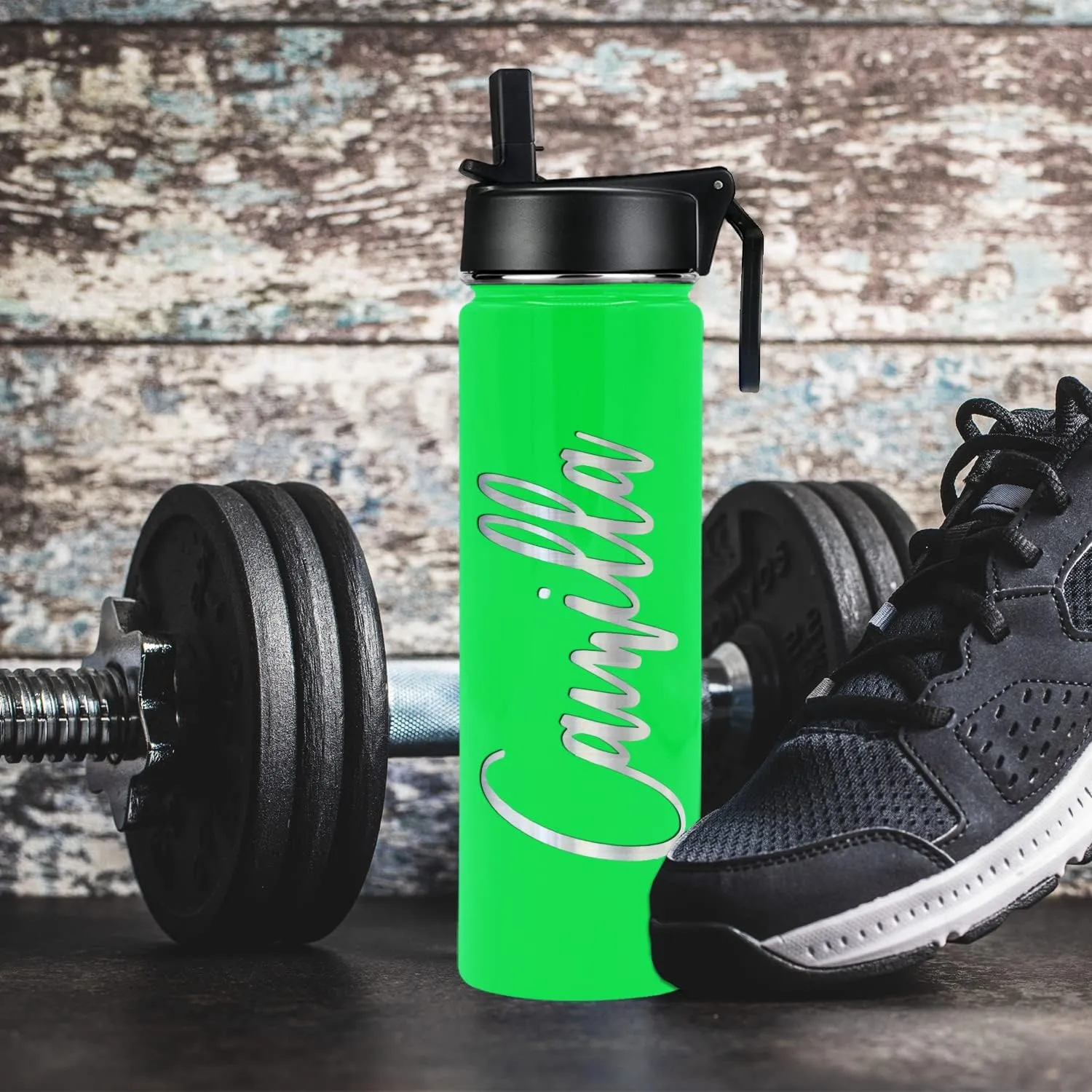 Personalized Water Bottle with Straw Lid on Neon Green Gloss for Gym Engraved Custom Women Name 24 oz Modern Insulated Stainless Steel