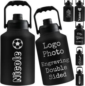 Personalized Water Bottles 64oz Custom Insulated Bottle Handle Engraved Name Logo Photo Customized Stainless Steel Sport Bottle Metal Water Bottle Spout Lid Gifts for Men Women Outdoor,Black