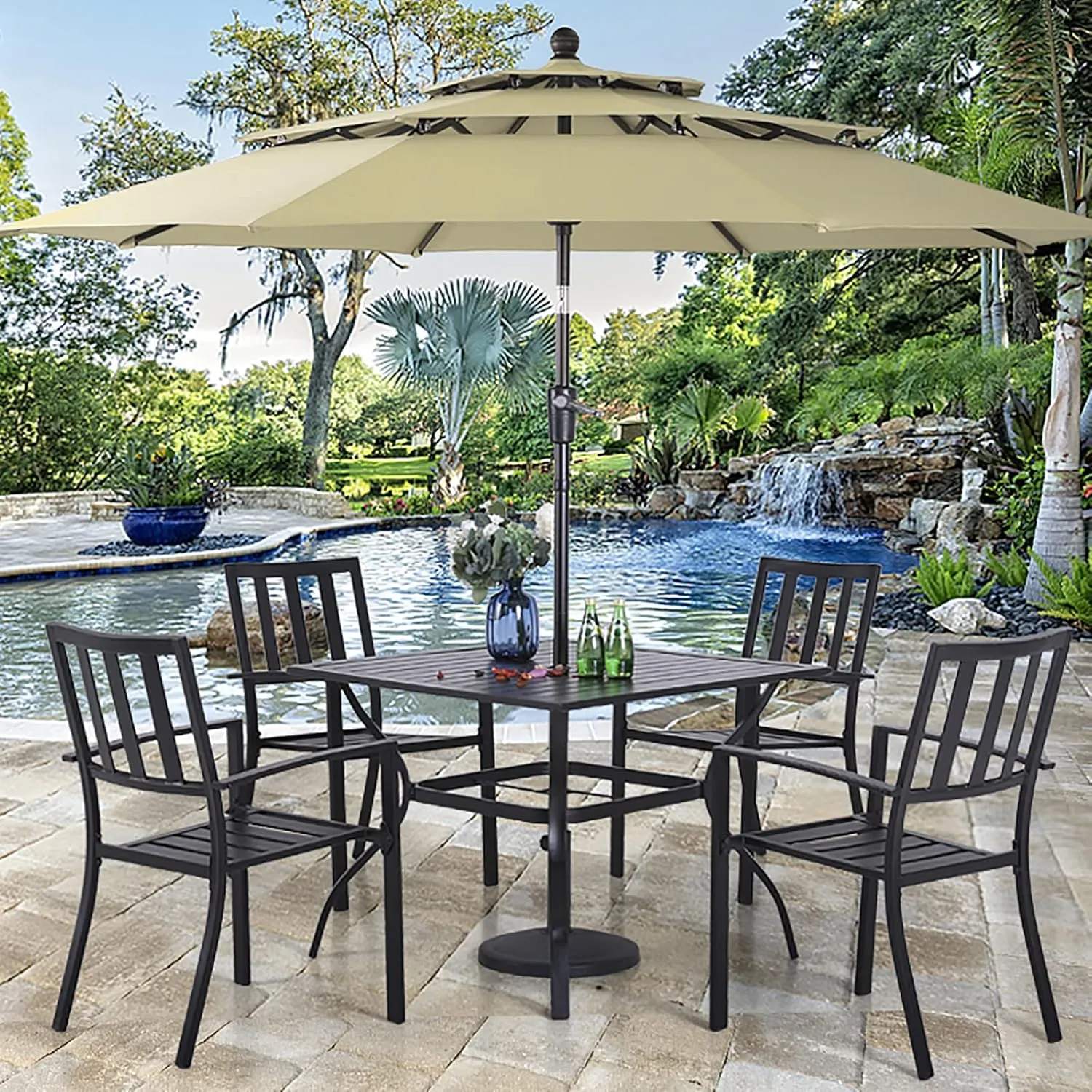 PHI VILLA 5 Piece Outdoor Dining Table Set for 4, 37” Square Metal Dining Table with Umbrella Hole & Stackable Steel Chairs for Patio, Deck, Yard