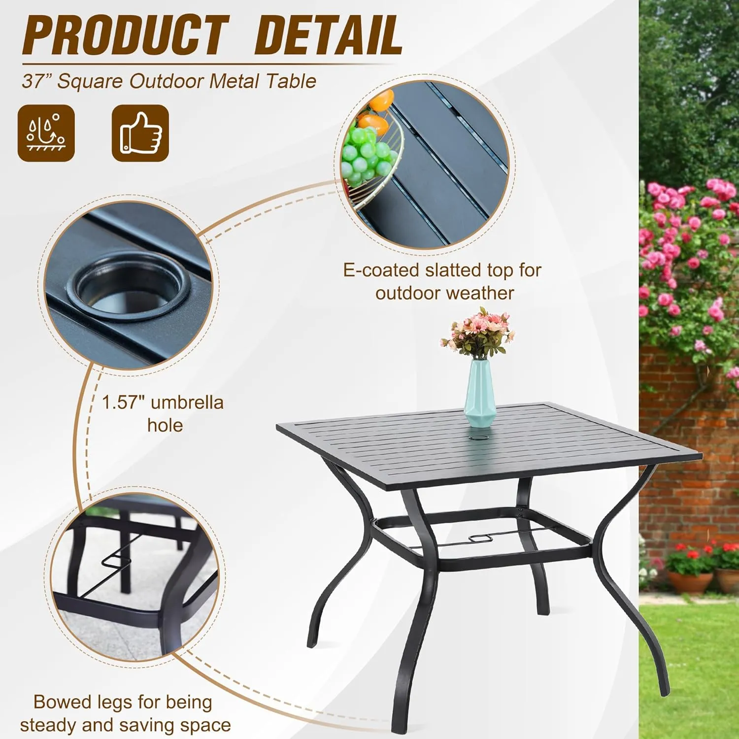 PHI VILLA 5 Piece Outdoor Dining Table Set for 4, 37” Square Metal Dining Table with Umbrella Hole & Stackable Steel Chairs for Patio, Deck, Yard
