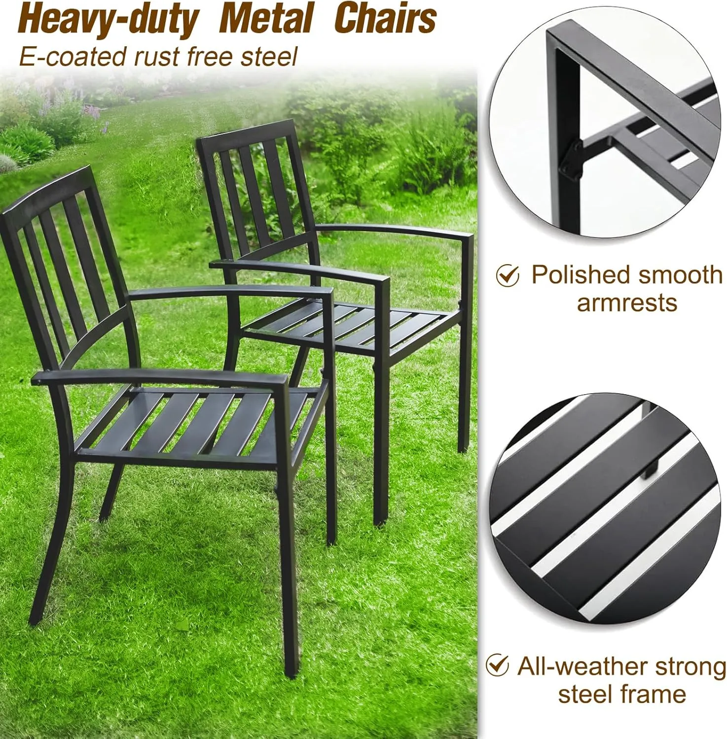 PHI VILLA 5 Piece Outdoor Dining Table Set for 4, 37” Square Metal Dining Table with Umbrella Hole & Stackable Steel Chairs for Patio, Deck, Yard