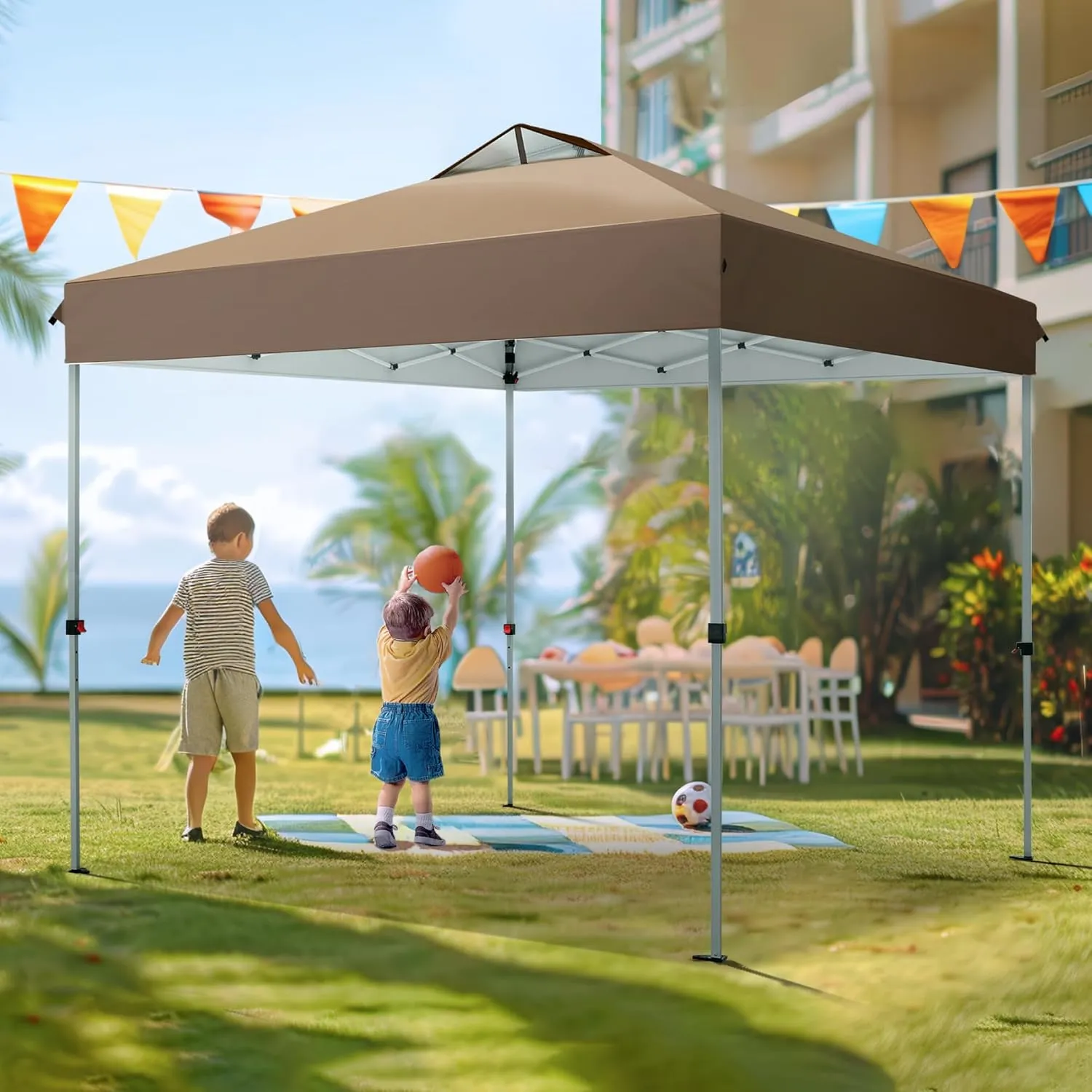 PHI VILLA Pop Up Canopy 10 10 Tents for Parties with Wheeled Bag, Portable Lightweight Folding w/Adjustable Height,Dark & Light Brown