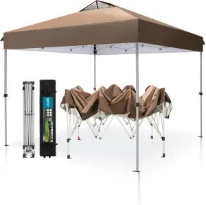 PHI VILLA Pop Up Canopy 10 10 Tents for Parties with Wheeled Bag, Portable Lightweight Folding w/Adjustable Height,Dark & Light Brown