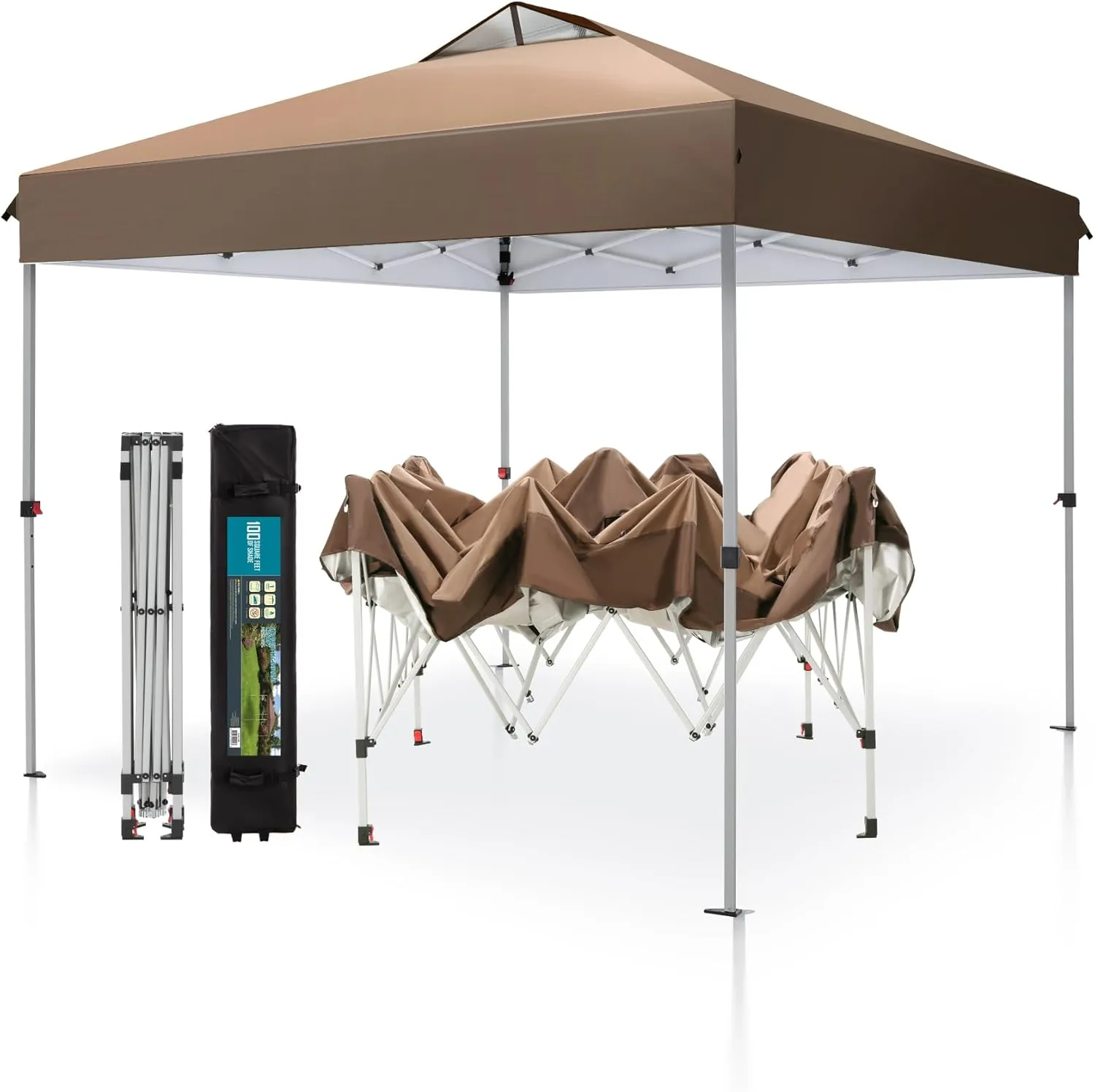 PHI VILLA Pop Up Canopy 10 10 Tents for Parties with Wheeled Bag, Portable Lightweight Folding w/Adjustable Height,Dark & Light Brown