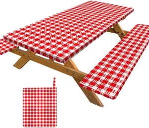Picnic Table Cover with Bench Covers Portable Table Cloth Built-in Storage Pocket Picnic Table Covers with Elastic Waterproof Camping Essentials for RV Camping