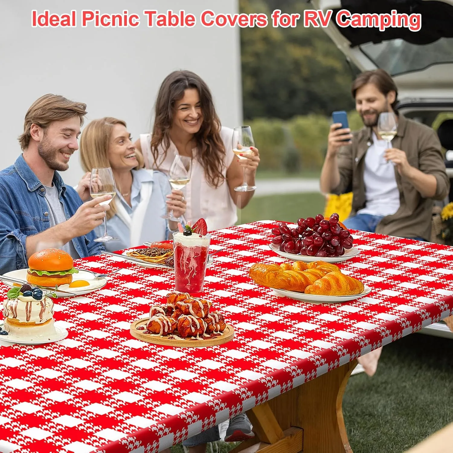 Picnic Table Cover with Bench Covers Portable Table Cloth Built-in Storage Pocket Picnic Table Covers with Elastic Waterproof Camping Essentials for RV Camping