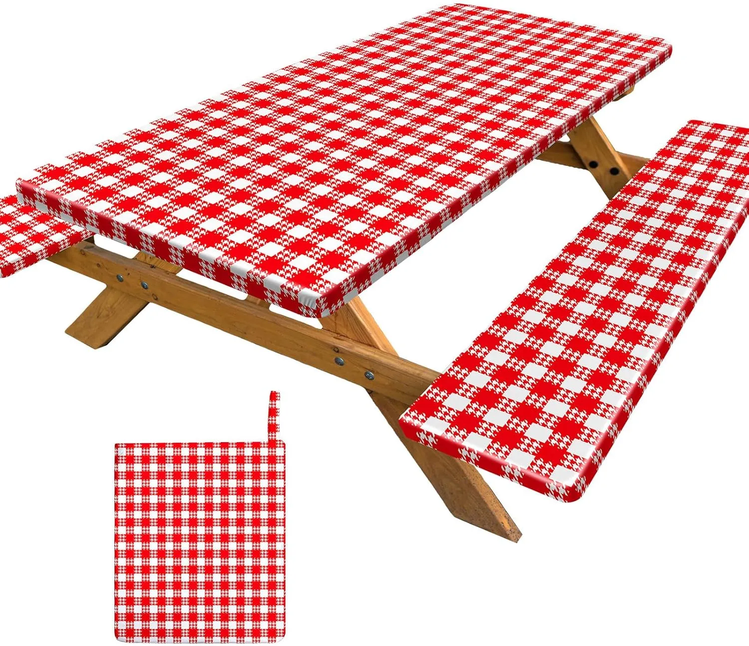Picnic Table Cover with Bench Covers Portable Table Cloth Built-in Storage Pocket Picnic Table Covers with Elastic Waterproof Camping Essentials for RV Camping