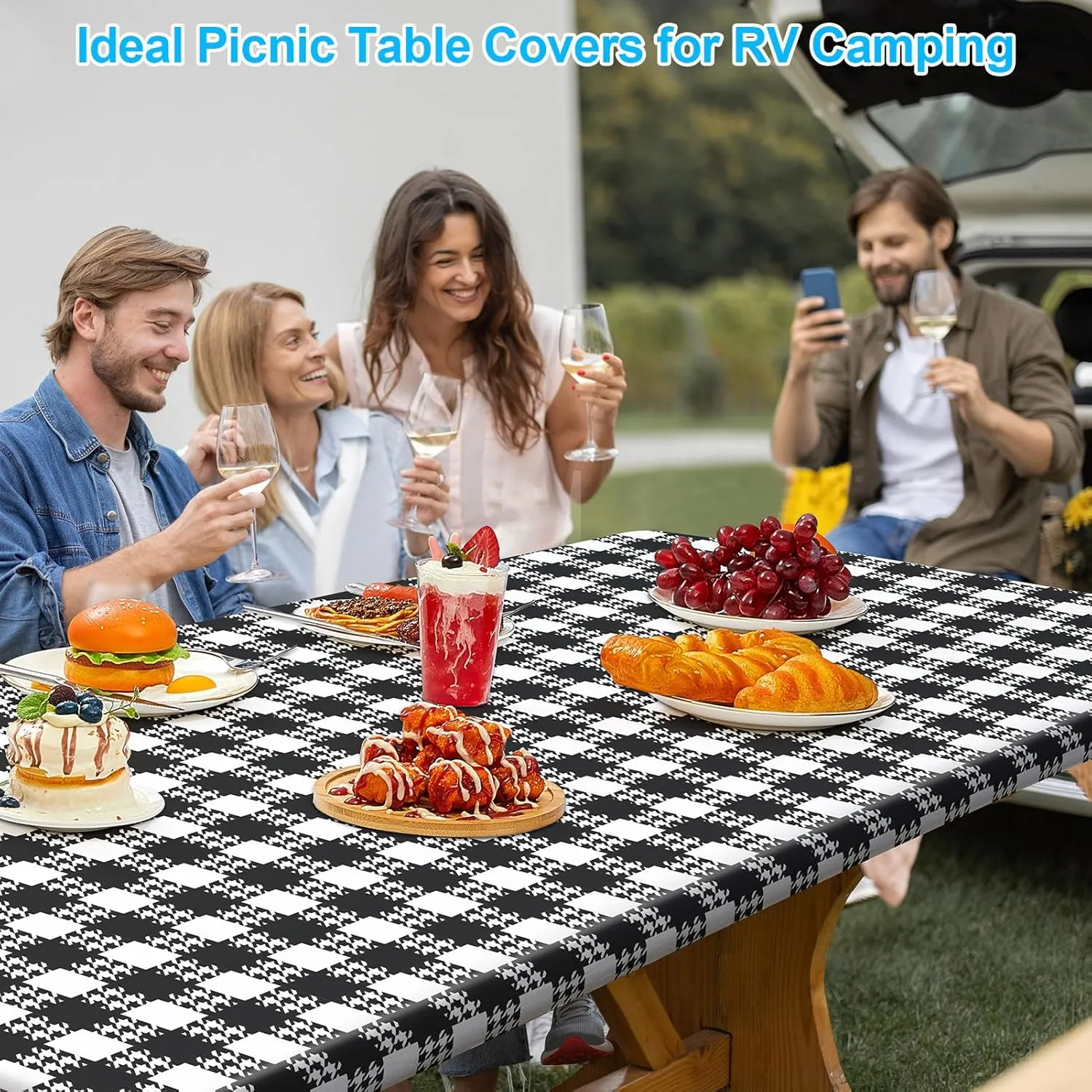 Picnic Table Cover with Bench Covers Portable Table Cloth Built-in Storage Pocket Picnic Table Covers with Elastic Waterproof Camping Essentials for RV Camping