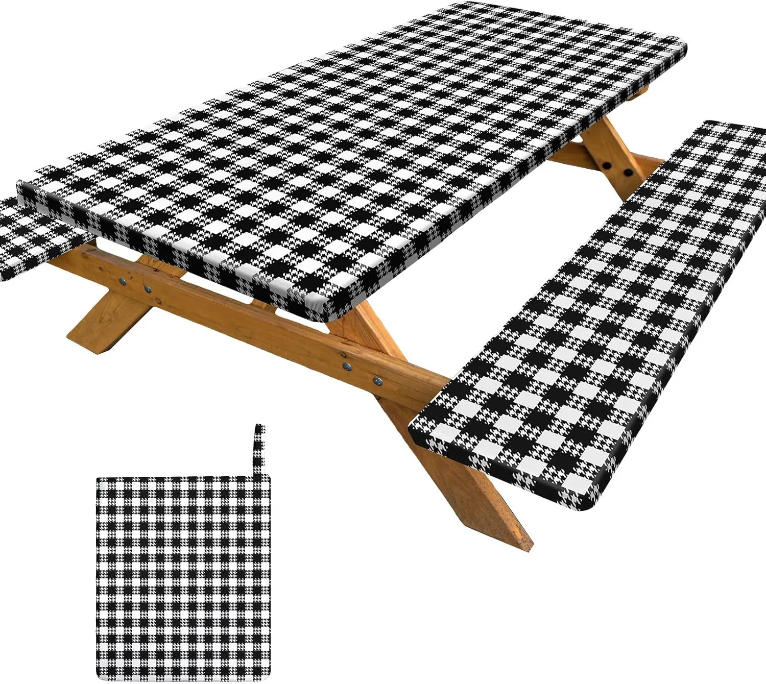 Picnic Table Cover with Bench Covers Portable Table Cloth Built-in Storage Pocket Picnic Table Covers with Elastic Waterproof Camping Essentials for RV Camping
