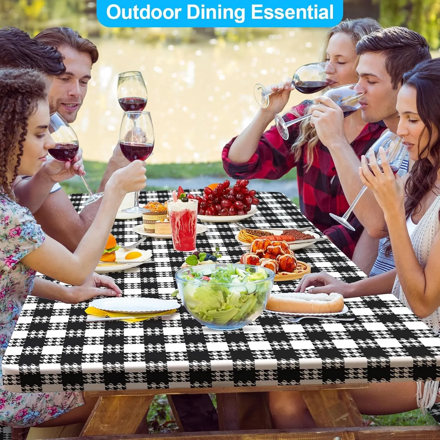 Picnic Table Cover with Bench Covers Portable Table Cloth Built-in Storage Pocket Picnic Table Covers with Elastic Waterproof Camping Essentials for RV Camping