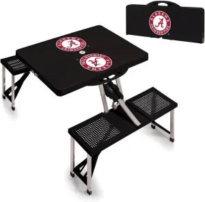 PICNIC TIME NCAA Alabama Crimson Tide Folding Picnic Table with 4 Seats, Camping Table, Outdoor Table with Umbrella Hole, (Black)