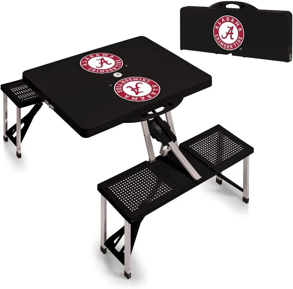 PICNIC TIME NCAA Alabama Crimson Tide Folding Picnic Table with 4 Seats, Camping Table, Outdoor Table with Umbrella Hole, (Black)