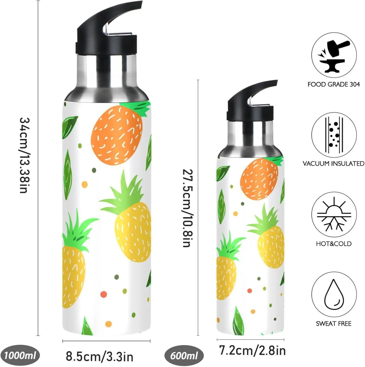 Pineapple Sports Water Bottle with Straw, 22oz BPA Free Stainless Steel Vacuum Insulated Bottle for Gym Fitness Outdoor