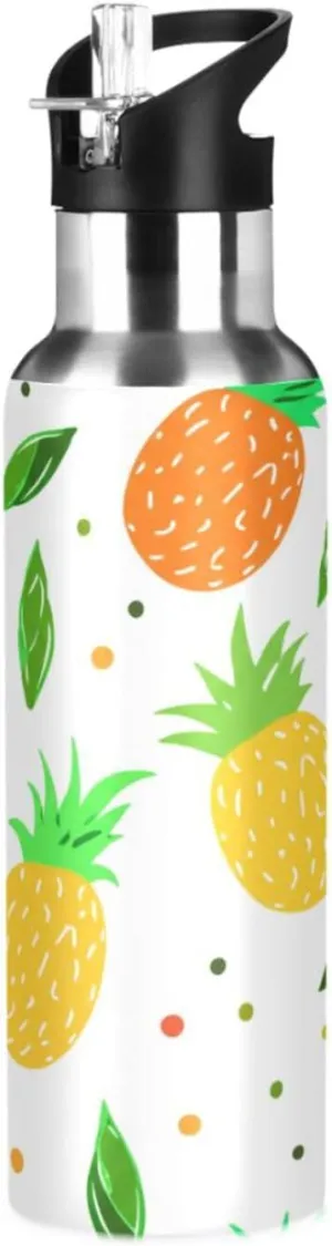 Pineapple Sports Water Bottle with Straw, 22oz BPA Free Stainless Steel Vacuum Insulated Bottle for Gym Fitness Outdoor