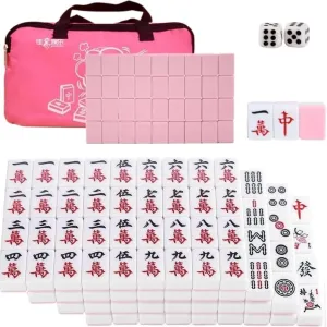 Pink 30mm 1.18" Mahjong Table Game 144pcs Outdoor Travel Portable Mini Mahjong Dormitory Small Hand Rubbing Household Medium Play Game with Portable Travel Handbag   Table Cover
