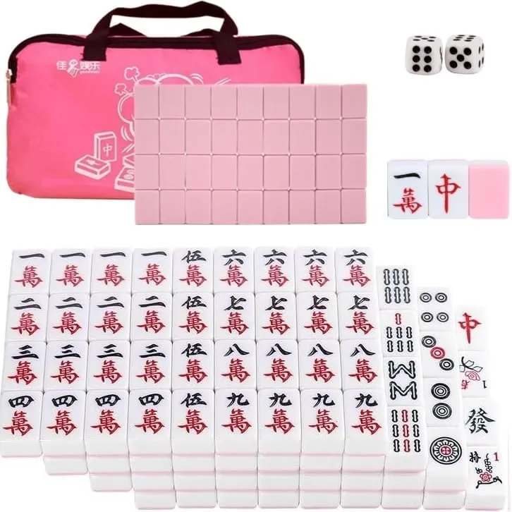 Pink 30mm 1.18" Mahjong Table Game 144pcs Outdoor Travel Portable Mini Mahjong Dormitory Small Hand Rubbing Household Medium Play Game with Portable Travel Handbag   Table Cover