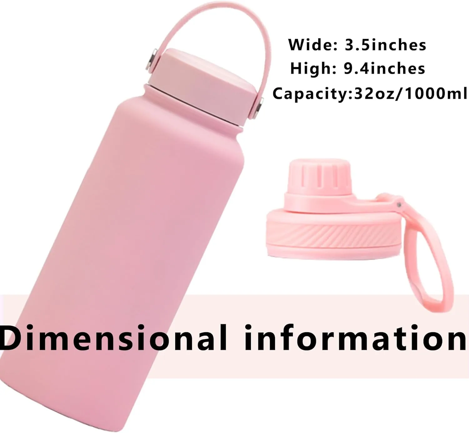 Pink 32 OZ Insulated Water Bottle, Large Metal Insulated Stainless Steel Water Flask, Big Sports Travel Water Bottle with 2 Lids, Insulated Thermal Mug Cup